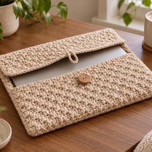 May include: A beige crochet laptop sleeve featuring a textured stitch pattern, a fold-over flap with a loop closure, and a single round wooden button. The sleeve is rectangular in shape and contains a silver laptop partially visible inside the main compartment.