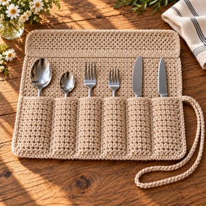 Könnte beinhalten: Eine beige gehäkelte Bestecktasche mit sechs einzelnen vertikalen Fächern. Die Tasche enthält einen silbernen Löffel, einen kleinen silbernen Teelöffel, zwei silberne Gabeln und zwei silberne Messer mit metallischem Finish. Eine passende gehäkelte Kordel ist befestigt.