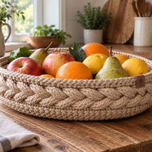 Op de afbeelding: Een ronde, beige, handgehaakte mand met een dikke, gevlochten rand, gevuld met een verscheidenheid aan vers fruit, waaronder rode appels, groene peren en feloranje citrusvruchten, met een klein bruin label aan de zijkant.