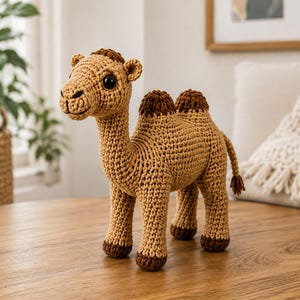 May include: A crocheted camel toy made of light tan yarn with dark brown accents on the two humps, the top of the head, the tail tip, and the hooves. The stuffed animal features large black plastic safety eyes and a stitched nose and mouth.