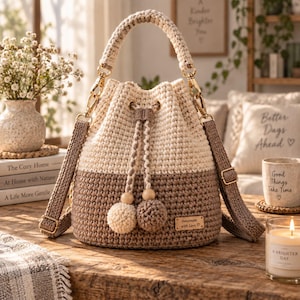Puede incluir: Un bolso tipo cubo de ganchillo bicolor con una sección superior color crema y una sección inferior marrón. El bolso incluye un asa de ganchillo a juego, una correa de hombro marrón desmontable, un cierre de cordón con dos pompones y una etiqueta.