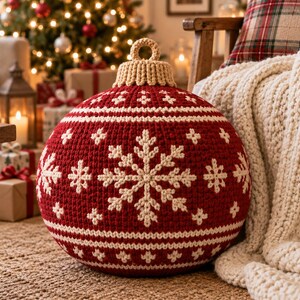 May include: A large, spherical, crocheted Christmas bauble in deep red with a cream-coloured snowflake pattern and horizontal stripes. The top features a textured, cream-coloured crocheted cap with a small loop for hanging, crafted from yarn.