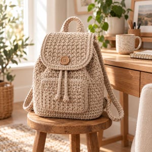 May include: A beige crochet backpack featuring a top handle, a fold-over flap secured with a single wooden button, and a front pocket with drawstring ties. The bag is constructed from a textured yarn in a consistent neutral tan color throughout.
