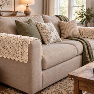 May include: A beige upholstered sofa featuring two cream-colored crocheted arm covers with intricate diamond and bobble patterns. The sofa is decorated with a solid olive green pillow, a white pillow with a grey botanical print, and a striped pillow.