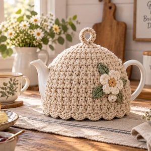 Puede incluir: Una tetera de cerámica blanca cubierta por una funda de ganchillo de color beige. La funda presenta un patrón de puntos texturizados, un borde inferior festoneado y una aplicación decorativa de una flor blanca con centro amarillo.
