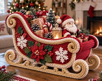 May include: A crocheted red and gold sleigh decorated with white snowflakes, green leaves, and red berries. The sleigh is filled with miniature wrapped gift boxes, a small Christmas tree, a lantern, and a crocheted Santa Claus figure.