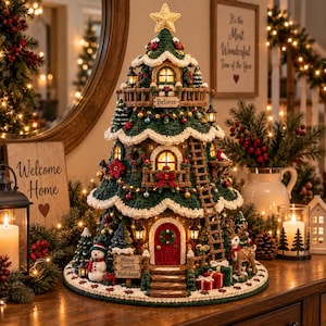 Può includere: Una decorazione per albero di Natale all'uncinetto a più livelli con interno illuminato, una stella in cima, un pupazzo di neve, una renna e regali in miniatura. La struttura include balconi, una scala e insegne con scritto Believe e Home Sweet Holidays.