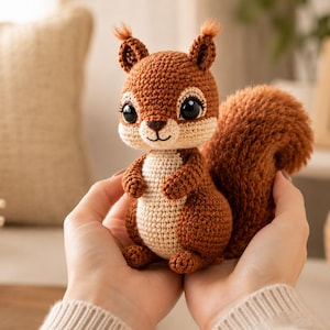 May include: A small, handcrafted crochet squirrel toy featuring a rich brown body with a cream-coloured belly and face. The squirrel has large, dark, glossy eyes, a small stitched nose, and a prominent, textured, bushy tail made of brown yarn.