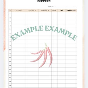 Può includere: Un registro stampato intitolato PEPPERS con una riga per la data e una tabella contenente venti righe numerate. Le colonne sono etichettate PEPTIDE, PEPTIDE 2, PEPTIDE 3, DOSE, TIME e PINNED SITE. Un grafico di tre peperoncini rossi è centrato.