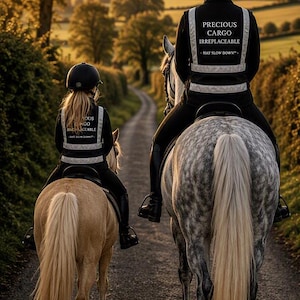 May include: Two riders wearing black helmets and black vests with reflective silver stripes. The vests feature the text PRECIOUS CARGO IRREPLACEABLE - HAY SLOW DOWN. They are riding a palomino horse and a dapple gray horse on a narrow country road.