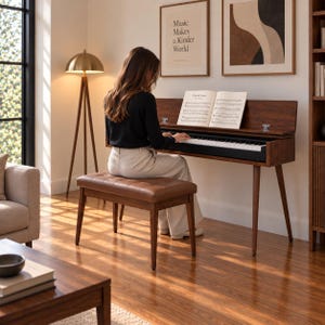Könnte beinhalten: Ein Digitalpiano aus dunklem Holz mit passender rechteckiger Bank und braunem Sitzpolster in Lederoptik. Das Klavier verfügt über einen Klappdeckel, eine schwarze Tastatur und ein offenes Notenbuch auf dem Ständer. Es steht auf vier konischen Beinen.