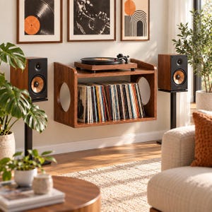 Könnte beinhalten: Ein wandmontiertes Schallplattenspieler-Regal aus Holz mit kreisförmigen Seitenausschnitten, das einen Plattenspieler oben und eine Sammlung von Vinyl-Schallplatten im unteren Fach hält, flankiert von zwei schwarzen Lautsprechern auf hohen Ständern.