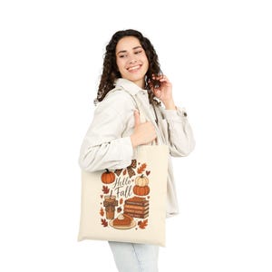 Sac fourre-tout en toile d'automne, motif citrouilles, livres et café