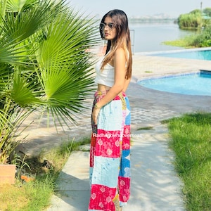Handmade Kantha Patchwork Pants for Women, Bohemian Cotton Trousers, Vintage Textile Fashion, Relaxed Summer Pants
