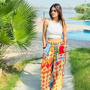 Women’s Vintage Kantha Patchwork Trousers, Handmade Cotton Boho Pants, Indian Textile Clothing, Unique Artisan Style