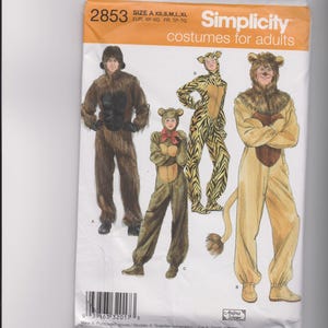 May include: A Simplicity 2853 sewing pattern envelope for adult costumes. The front displays illustrations of four different animal outfits: a brown gorilla, a brown bear with a red bow, a yellow and black tiger, and a tan lion with a tail.
