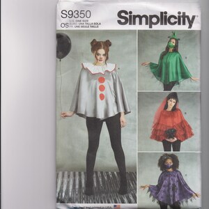 May include: A Simplicity S9350 sewing pattern envelope for a one-size cape costume. The front displays four variations: a silver clown cape with a ruffled collar, a green cape with a mask, a red tiered cape with a veil, and a purple patterned cape.
