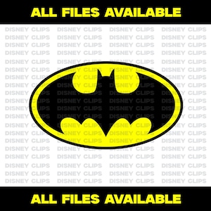 May include: A graphic illustration of the Batman logo featuring a black bat silhouette centred within a bright yellow oval with a thick black border. The text ALL FILES AVAILABLE appears in yellow at the top and bottom, with a watermark background.