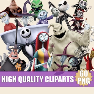 Könnte beinhalten: Eine Sammlung digitaler Illustrationen mit Charakteren aus Nightmare Before Christmas, darunter Jack Skellington, Sally, Oogie Boogie und der Bürgermeister, mit dem Text am unteren Rand HIGH QUALITY CLIPARTS 60 PNG.