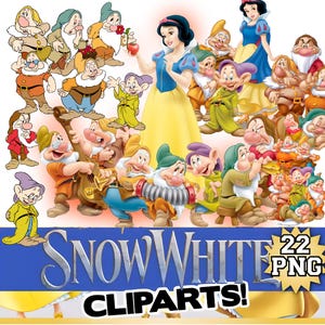 Può includere: Una collezione digitale di 22 immagini clip art PNG raffiguranti Biancaneve e i sette nani in varie pose e abiti. I personaggi indossano abiti colorati, tra cui giallo, blu, verde e rosso. Il testo recita SNOW WHITE 22 PNG CLIPARTS!