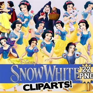 Może przedstawiać: Cyfrowa kolekcja 22 plików clipart PNG przedstawiających Królewnę Śnieżkę w jej kultowej niebiesko-żółtej sukni, wraz ze Złą Królową z koszem czerwonych jabłek i księciem. Tekst głosi Disney Snow White 22 PNG CLIPARTS!