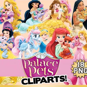Könnte beinhalten: Eine digitale Sammlung von 18 PNG-Cliparts, die verschiedene animierte Prinzessinnen mit ihren tierischen Begleitern zeigen. Die Figuren sind in farbenfrohen Outfits dargestellt, mit dem Text Palace Pets CLIPARTS! und 18 PNG.
