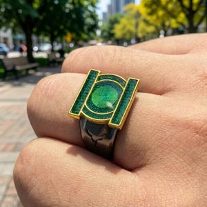 Könnte beinhalten: Ein Ring mit einem goldfarbenen rechteckigen Rahmen und einem zentralen kreisförmigen Emblem, die beide mit einer texturierten, glitzernden grünen Einlage gefüllt sind. Die Ringschiene ist aus glattem, dunkelgrauem Metall gefertigt.