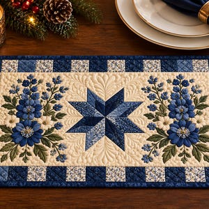 Blue Floral Quilt Placemat, Handmade Quilted Table Mat, Star Patchwork Dining Decor, Farmhouse Table Setting, Elegant Home Gift