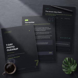 May include: Three black pages from a 7-day photo cleanup workshop guide with white and lime green text. The cover features the title 7-Day Photo Cleanup, while the inner pages include The Number and The Seven-Day Chart with a checklist.