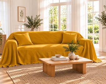 Funda de sofá de lino amarillo mostaza, funda de algodón para sofá, protector de sofá estilo rústico, funda lavable para sofá, decoración de muebles de sala de estar