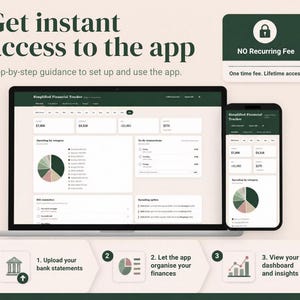 May include: A digital financial tracker app displayed on a laptop and smartphone screen. The interface features a dark green and cream color scheme with charts, transaction lists, and budget summaries. Text includes Get instant access to the app.