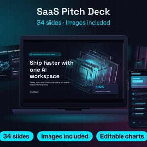 Könnte beinhalten: Eine digitale SaaS-Präsentationsvorlage mit 34 Folien, bearbeitbaren Diagrammen und enthaltenen Bildern. Der Hauptbildschirm zeigt den Text 'Ship faster with one AI workspace' auf einer dunkelblauen und türkisfarbenen Benutzeroberfläche.