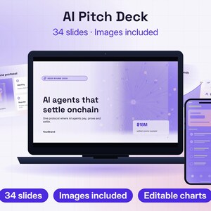 Op de afbeelding: Een AI pitch deck presentatiesjabloon met 34 dia's, afbeeldingen en bewerkbare grafieken. Het hoofdscherm toont de tekst AI agents that settle onchain, Seed Round 2024 en $18M, naast een smartphone met een paarse gebruikersinterface.