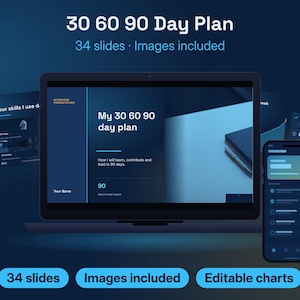 Op de afbeelding: Een digitale presentatiesjabloon getiteld 30 60 90 Day Plan met 34 dia's, inclusief afbeeldingen en bewerkbare grafieken. Het ontwerp gebruikt een donkerblauw kleurenpalet met witte tekst weergegeven op een laptopscherm en mobiele telefoon.