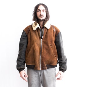 Two tone Aviator Bomber 70s . Sheepskin Pilot Jacket Canvas Denim Sleeves Retro Shearling Jacket