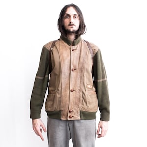 CHEVIGNON Bomber Jacket 1980s Wool Leather/ Cotton Cardigan French Vintage Leather Buttons