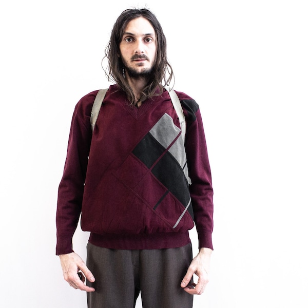 Patchwork Sweater 70s Suede Wool Bordeaux Pull Over.  Retro Collage Knit Jumper . PatchWork Pattern Sweater Jersey