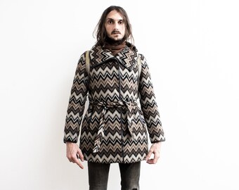 Abstract Fleece Jacket 1970s. Crazy Pattern Wool Coat Belted. Boho Hippie Fleece Jacket