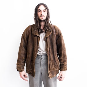 French Vintage Leather Jacket 80s. JEAN LOUPIAC Leather Brown Biker Jacket  Distressed .