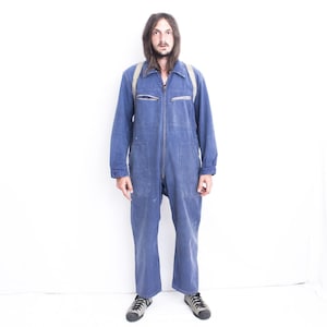 French work Coverall Slouchy . 1970s Work boiler Suit . French Workwear Jumpsuit Faded Worker Overall Bugatti Blue