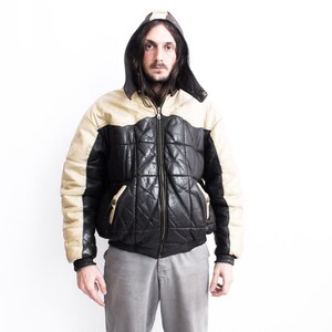 Leather Puffer Jacket 1990s . Quilted Leather Jacket Hooded Retro Hip Hop .  Leather Two Tone Bomber - Etsy Canada