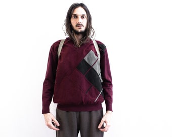 Patchwork Sweater 70s Suede Wool Bordeaux Pull Over.  Retro Collage Knit Jumper . PatchWork Pattern Sweater Jersey