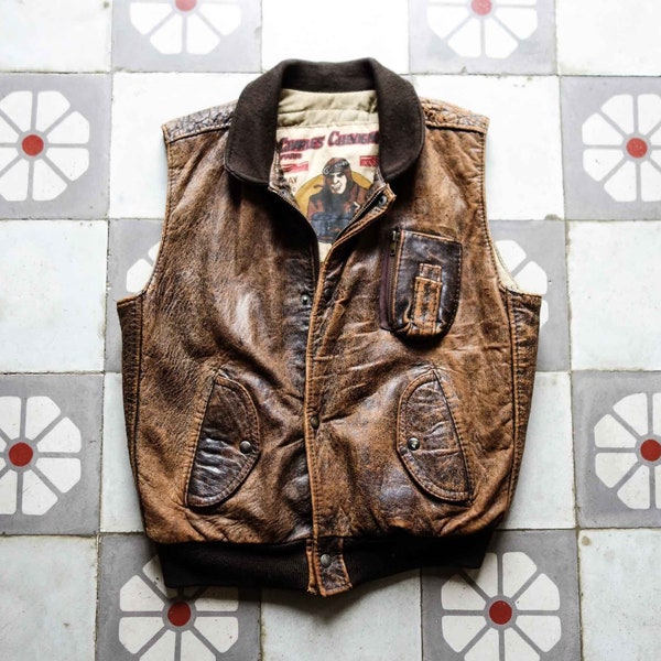 CHARLES CHEVIGNON Leather Vest 1980s . Aviator Waistcoat Sleeveless Jacket Distressed Leather