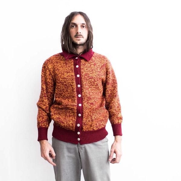 Jersey tipo cárdigan de lana moteada de los años 70. Suéter francés vintage de lana moteada rústico