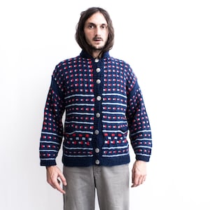 Norwegian Sweater 1970s . Red embroidered Hippie nordic Cardigan . Hand Knitted Icelandic Sweater . Retro Wool Knit