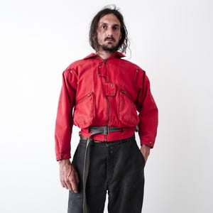 Utilitarian Cargo Cropped Bomber Jacket 80s . Double snap front tabs