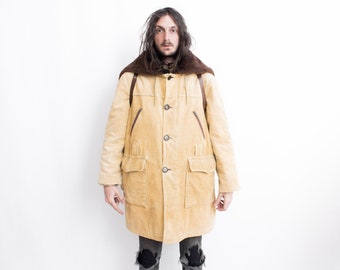 Corduroy Trench Coat Sherpa Lining Jacket 70s . Cord Rustic Jacket . Sherpa Lined Coat Fleeced Jacket