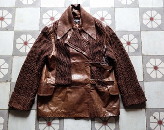 1970s ITALY Suede Wool Cardigan Jacket . Leather Straps Closure Retro Rustic woollen Jacket