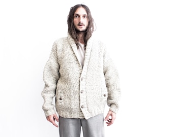 Fisherman Cardigan Sweater 70s . Aran Irish Cardigan Sweater . Cable Sweater Pull Over Cream Rustic Wool Sweater