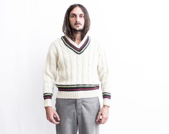 V-Neck Ribbed Sweater 80s Fisherman . Aran V-Neck Sweater. Rustic Cable Sweater Pull Over